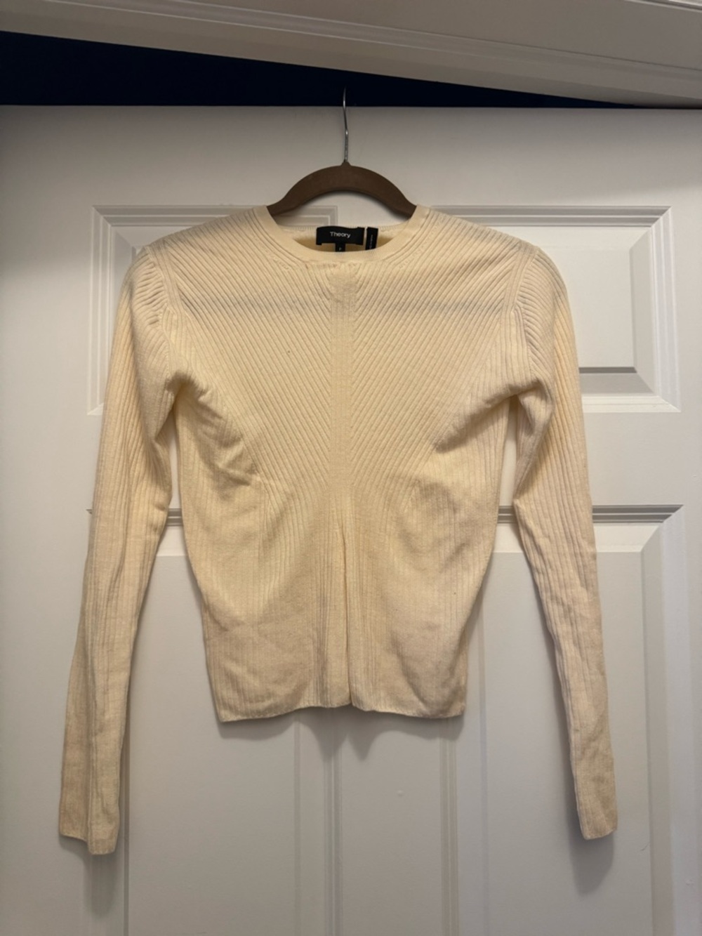 Theory Cream Ribbed Crewneck Sweater